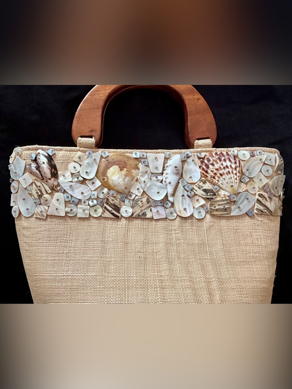 New Mother of Pearl & Shell-Embellished Straw Tote Bag with Wooden Handles